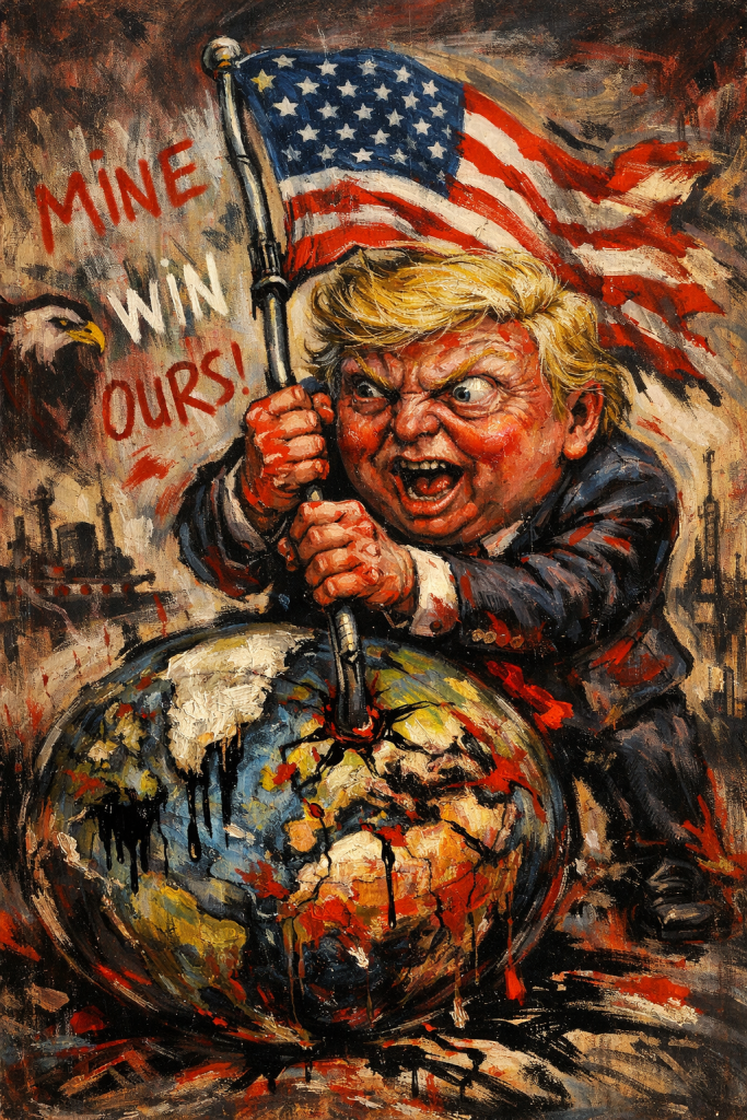 A neo-expressionist painting of Trump jamming an American Flag into the Globe with "Yours Win Ours" written in blood in the background, a bald eagle, and pastiches of factories and oil refineries.